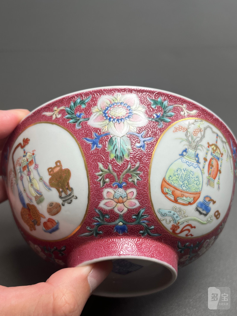 清道光  内青花外胭脂红地轧道洋彩开光“五谷丰登”图上元节令膳碗 - 图15
